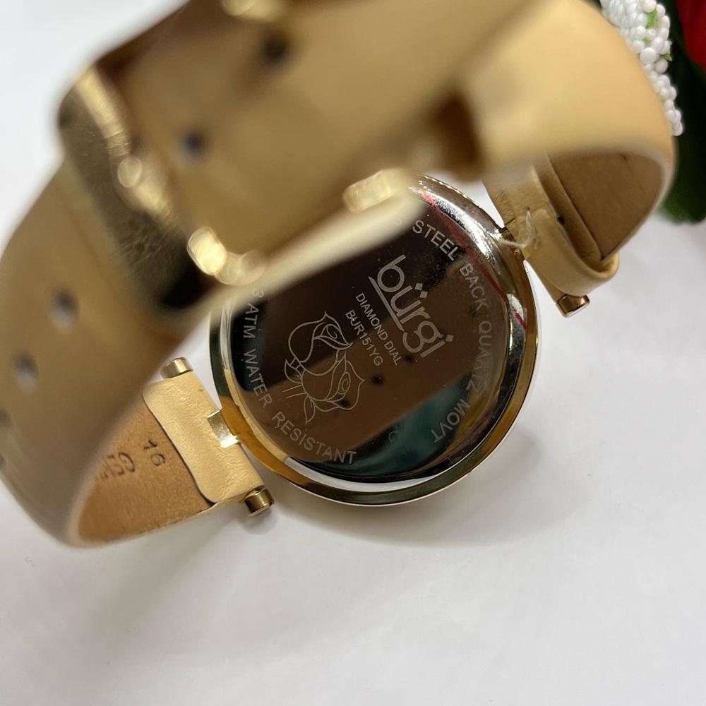 Women's Burgi Flower Engraved Diamond Dial Genuine Leather Strap Watch with box - Picture 16 of 16